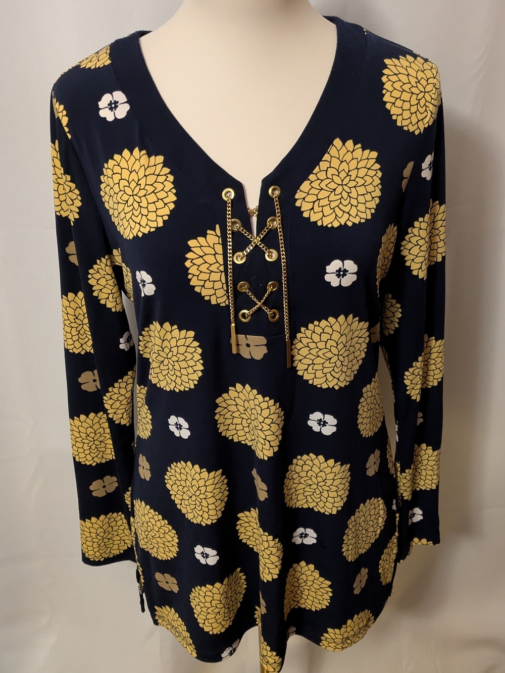 Charter Club Navy Lace-Up Tunic with Gold Floral Print